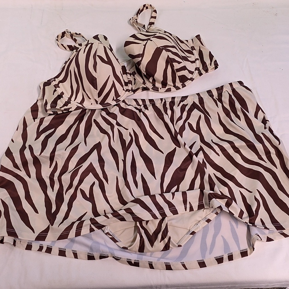 Swim by Cacique Bikini Top 42DD Swim Skirt 18 Womens Brown Zebra Animal Print
